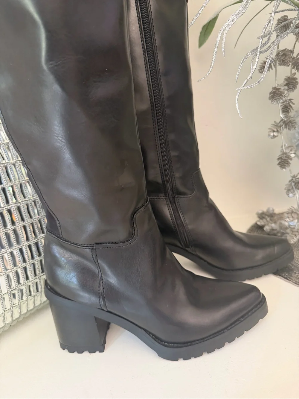 Beautiful Franco Sarto Black Over-the-Knee Zip Lug Sole Boots